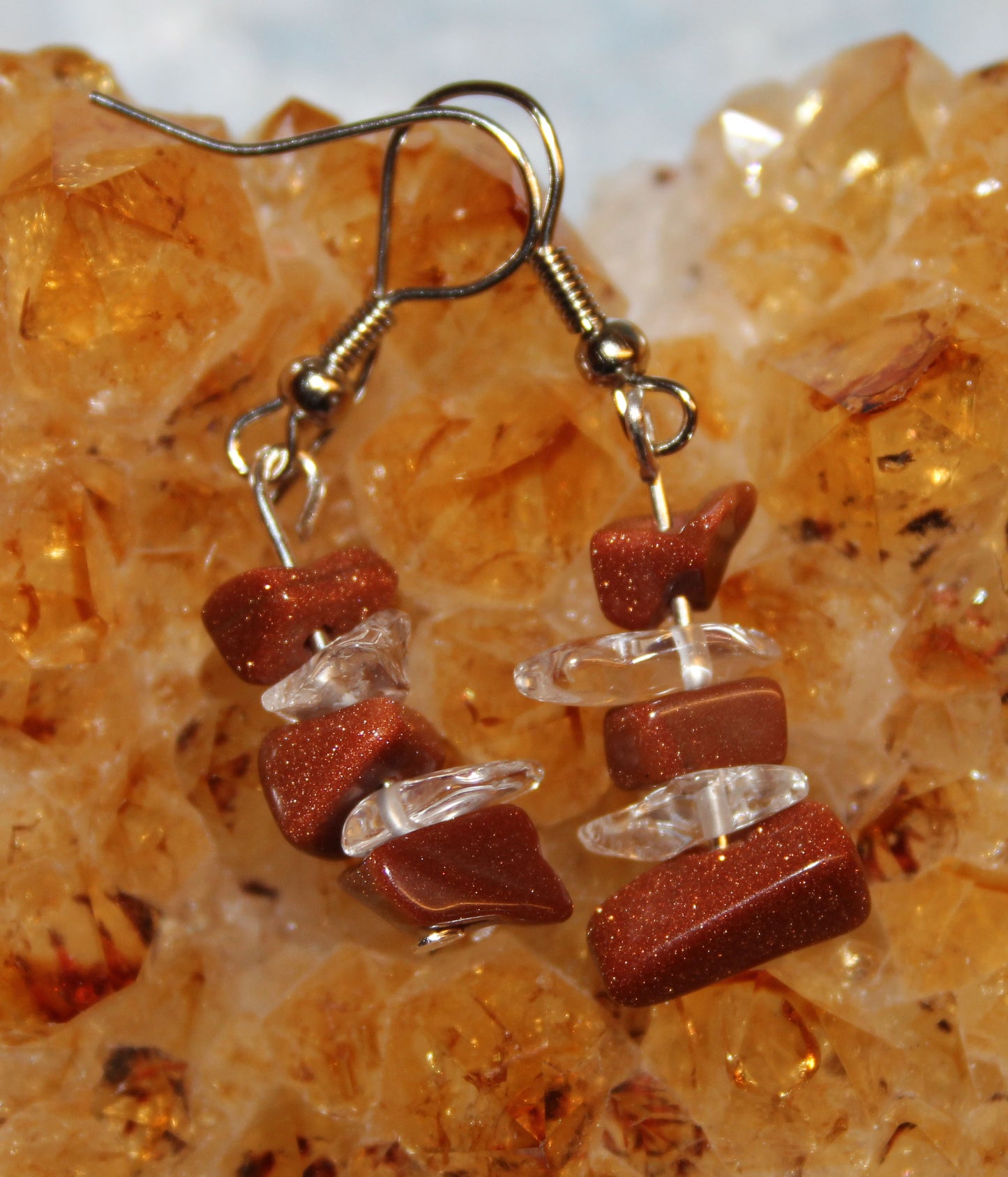 Handmade Earrings - Goldstone and Quartz